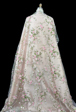 White/ Pink/ Green Embroidered Tulle — Mendel Goldberg Fabrics NYC
